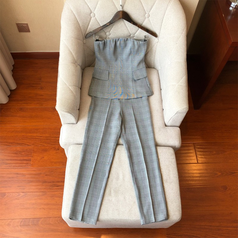 Brit márkájú kockás szexi pánt nélküli cső felső női öltöny Női blézer nadrág szett Üzleti irodai munka Slim Fit Outfit öltönyök