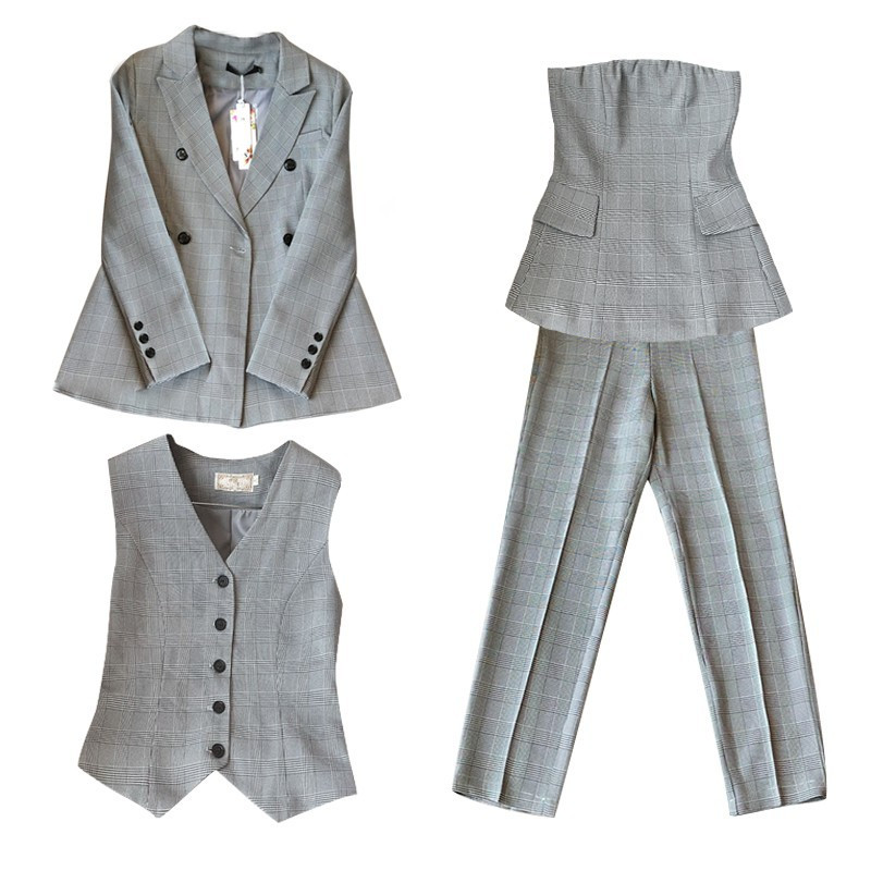 Brit márkájú kockás szexi pánt nélküli cső felső női öltöny Női blézer nadrág szett Üzleti irodai munka Slim Fit Outfit öltönyök