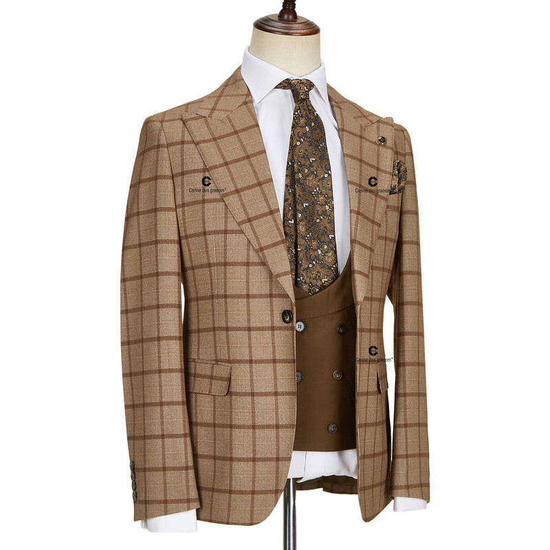 Cenne Des Graoom 2022 klasszikus barna ablaktábla, kockás, kockás blézer, 3 részes, szüreti férfi öltöny, esküvői, hivatalos üzleti party
