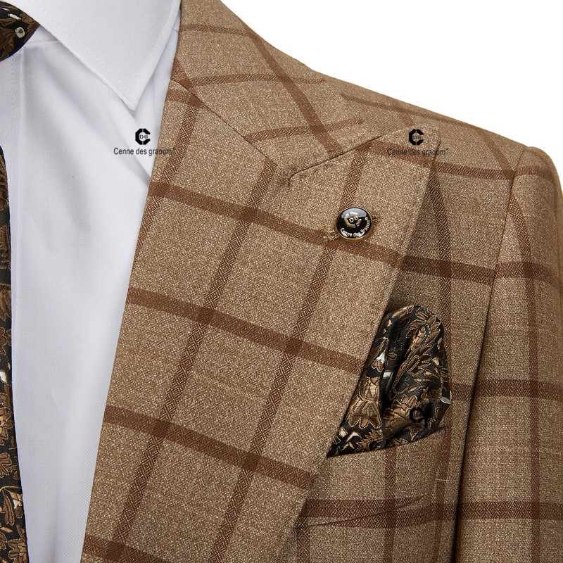 Cenne Des Graoom 2022 klasszikus barna ablaktábla, kockás, kockás blézer, 3 részes, szüreti férfi öltöny, esküvői, hivatalos üzleti party