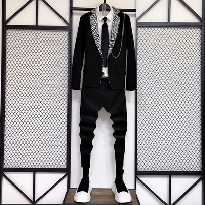 Férfi blézer öltöny nadrág szett Férfi Slim Fit báli ruha Üzleti blézer férfi dzseki nadrággal, kétrészes fekete készletek