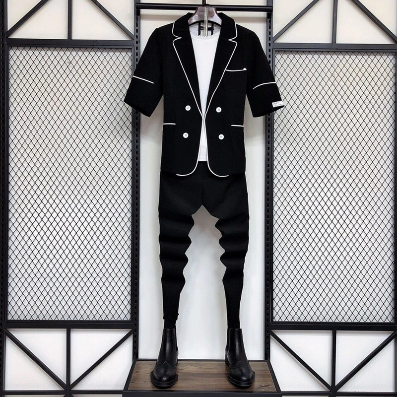 Férfi blézer öltöny nadrág szett Férfi Slim Fit báli ruha Üzleti blézer férfi dzseki nadrággal, kétrészes fekete készletek