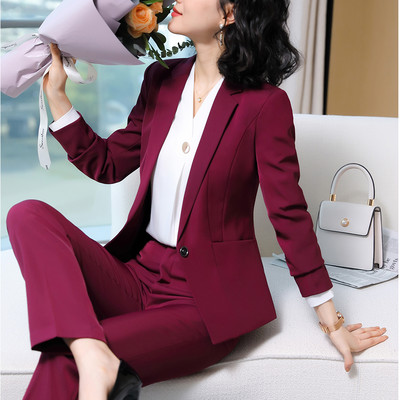 Piros fekete kék női formális blézer és nadrágkosztüm ferde zsebekkel, egygombos dzsekik, kétrészes szett irodai hölgyeknek