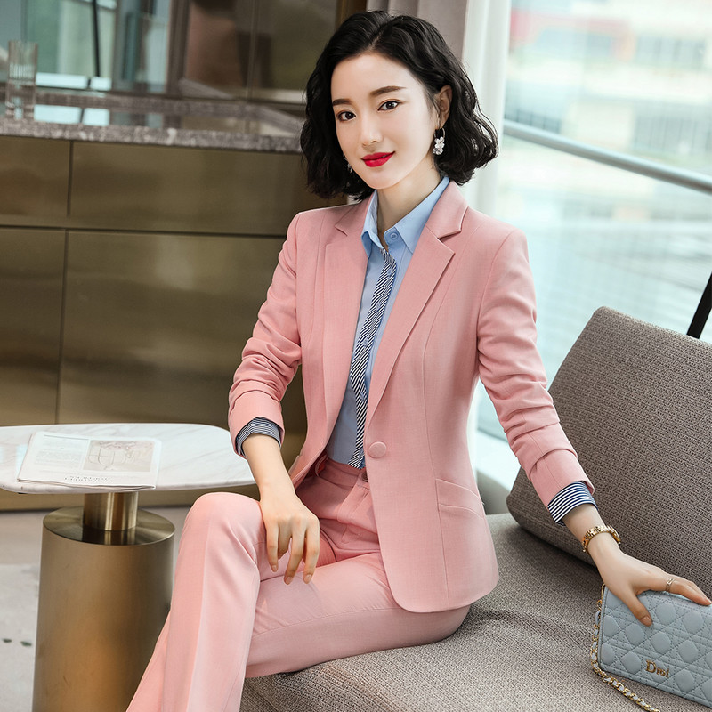 Piros fekete kék női formális blézer és nadrágkosztüm ferde zsebekkel, egygombos dzsekik, kétrészes szett irodai hölgyeknek