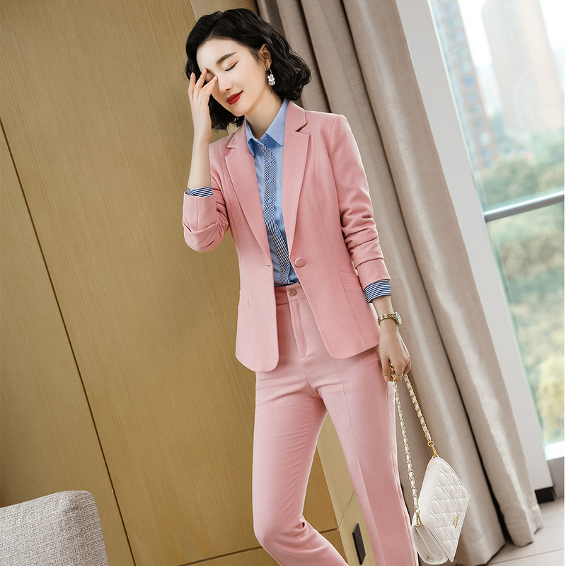 Piros fekete kék női formális blézer és nadrágkosztüm ferde zsebekkel, egygombos dzsekik, kétrészes szett irodai hölgyeknek