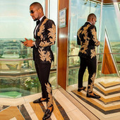 Gražus juodas vestuvinis kostiumas vyrams Slim Fit striukė su viena krūtine su kelnėmis auksinėmis aplikacijomis Tuxedo Terno Masculino 2 dalių rinkinys