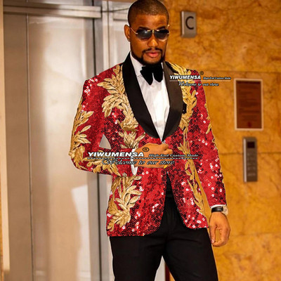 Gražus juodas vestuvinis kostiumas vyrams Slim Fit striukė su viena krūtine su kelnėmis auksinėmis aplikacijomis Tuxedo Terno Masculino 2 dalių rinkinys