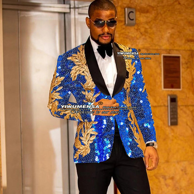 Gražus juodas vestuvinis kostiumas vyrams Slim Fit striukė su viena krūtine su kelnėmis auksinėmis aplikacijomis Tuxedo Terno Masculino 2 dalių rinkinys