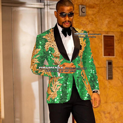 Gražus juodas vestuvinis kostiumas vyrams Slim Fit striukė su viena krūtine su kelnėmis auksinėmis aplikacijomis Tuxedo Terno Masculino 2 dalių rinkinys