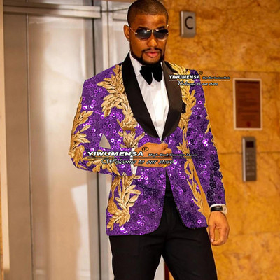 Gražus juodas vestuvinis kostiumas vyrams Slim Fit striukė su viena krūtine su kelnėmis auksinėmis aplikacijomis Tuxedo Terno Masculino 2 dalių rinkinys