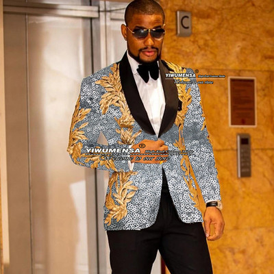 Gražus juodas vestuvinis kostiumas vyrams Slim Fit striukė su viena krūtine su kelnėmis auksinėmis aplikacijomis Tuxedo Terno Masculino 2 dalių rinkinys