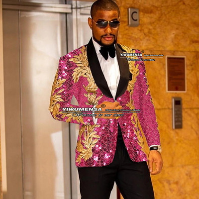 Gražus juodas vestuvinis kostiumas vyrams Slim Fit striukė su viena krūtine su kelnėmis auksinėmis aplikacijomis Tuxedo Terno Masculino 2 dalių rinkinys