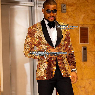 Gražus juodas vestuvinis kostiumas vyrams Slim Fit striukė su viena krūtine su kelnėmis auksinėmis aplikacijomis Tuxedo Terno Masculino 2 dalių rinkinys