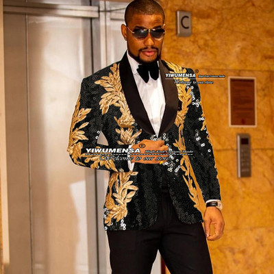 Gražus juodas vestuvinis kostiumas vyrams Slim Fit striukė su viena krūtine su kelnėmis auksinėmis aplikacijomis Tuxedo Terno Masculino 2 dalių rinkinys