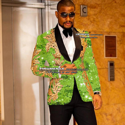 Gražus juodas vestuvinis kostiumas vyrams Slim Fit striukė su viena krūtine su kelnėmis auksinėmis aplikacijomis Tuxedo Terno Masculino 2 dalių rinkinys