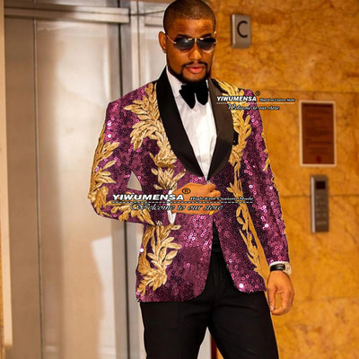 Gražus juodas vestuvinis kostiumas vyrams Slim Fit striukė su viena krūtine su kelnėmis auksinėmis aplikacijomis Tuxedo Terno Masculino 2 dalių rinkinys