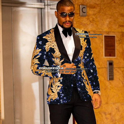 Gražus juodas vestuvinis kostiumas vyrams Slim Fit striukė su viena krūtine su kelnėmis auksinėmis aplikacijomis Tuxedo Terno Masculino 2 dalių rinkinys