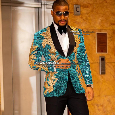 Gražus juodas vestuvinis kostiumas vyrams Slim Fit striukė su viena krūtine su kelnėmis auksinėmis aplikacijomis Tuxedo Terno Masculino 2 dalių rinkinys