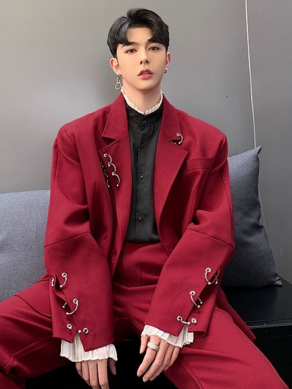 IEFB őszi tél személyre szabott dizájn vasgyűrű dekoráció borvörös öltöny 2023 új koreai divat egyszínű férfi luxus 9A5225