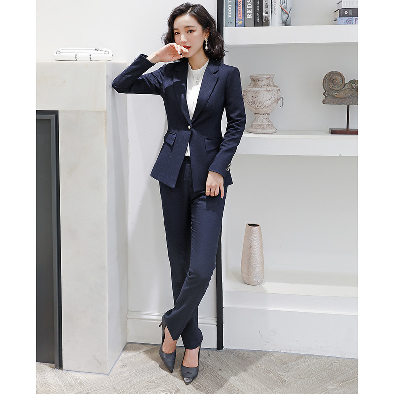 Fekete kék női 2 részes nadrág szett női munkás blézer nadrág irodai öltöny Női karcsú nadrág öltöny elegáns üzleti szett