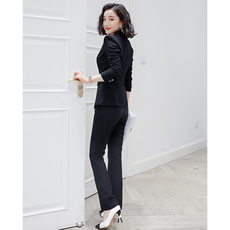 Fekete kék női 2 részes nadrág szett női munkás blézer nadrág irodai öltöny Női karcsú nadrág öltöny elegáns üzleti szett