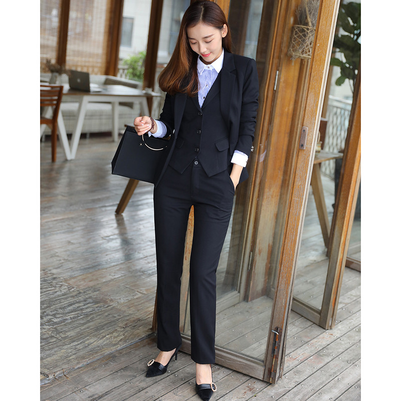 Fekete kék női 2 részes nadrág szett női munkás blézer nadrág irodai öltöny Női karcsú nadrág öltöny elegáns üzleti szett
