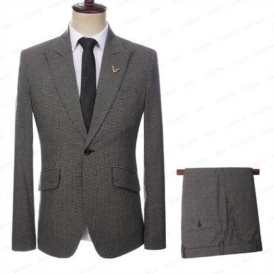 2023-as divat új férfi nyári alkalmi vászonruhák fekete fehér Reto klasszikus kockás üzleti esküvői vőlegény 2 db szett kabát nadrág