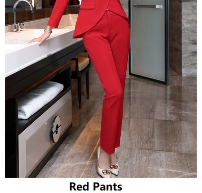 Hosszú ujjú formális egyenruha Designs nadrágkosztüm irodai hölgyeknek Professzionális OL stílusok Őszi téli blézer szett Elegáns piros
