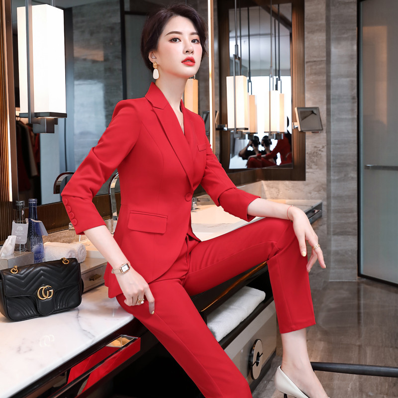 Hosszú ujjú formális egyenruha Designs nadrágkosztüm irodai hölgyeknek Professzionális OL stílusok Őszi téli blézer szett Elegáns piros