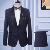 2023 férfi öltönyök kék vászon divat butik khaki pöttyös fekete szatén hajtóka Alkalmi üzleti esküvői szmoking 2 db szett kabát nadrág