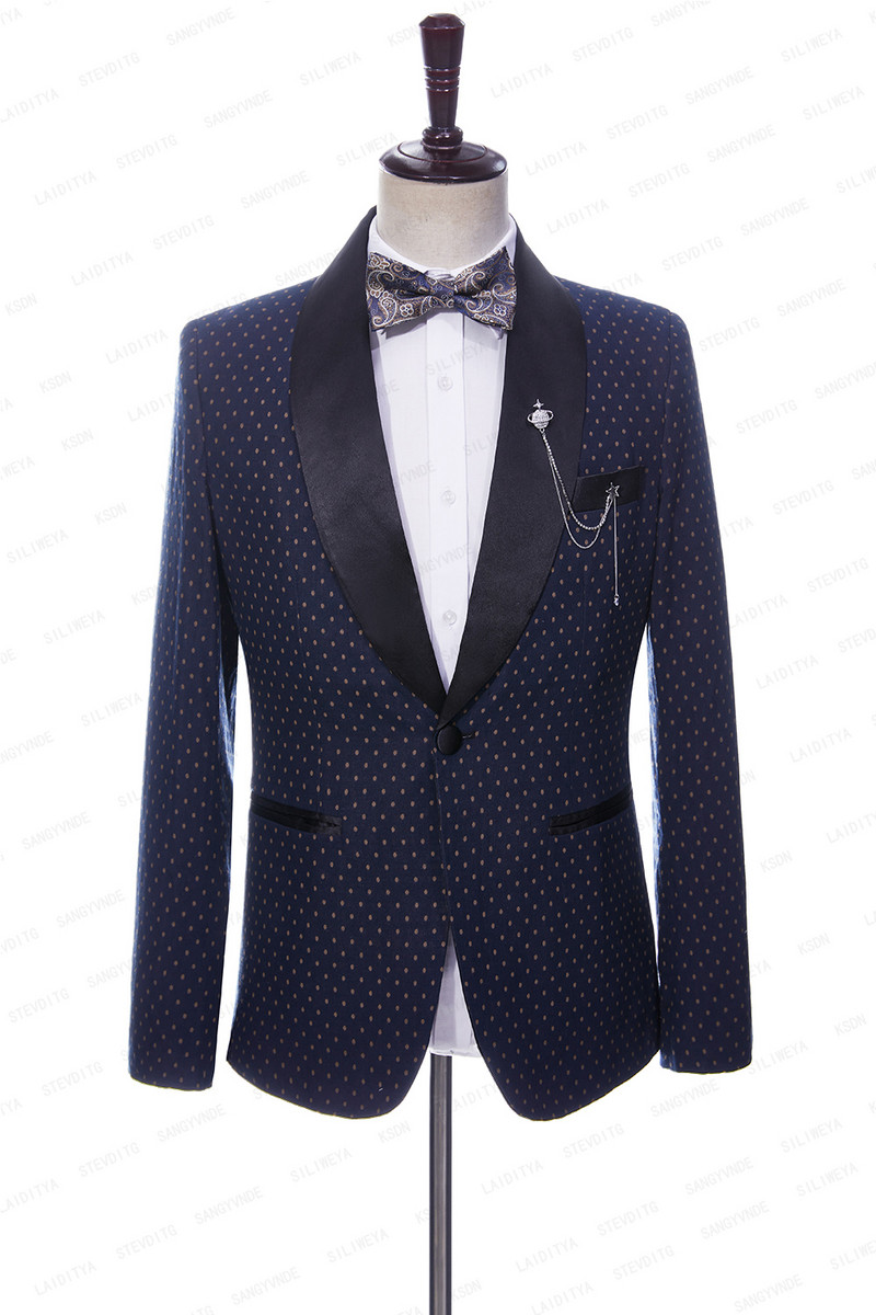 2023 férfi öltönyök kék vászon divat butik khaki pöttyös fekete szatén hajtóka Alkalmi üzleti esküvői szmoking 2 db szett kabát nadrág