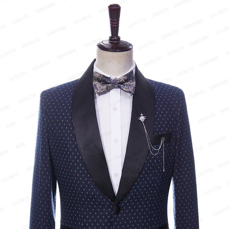 2023 férfi öltönyök kék vászon divat butik khaki pöttyös fekete szatén hajtóka Alkalmi üzleti esküvői szmoking 2 db szett kabát nadrág