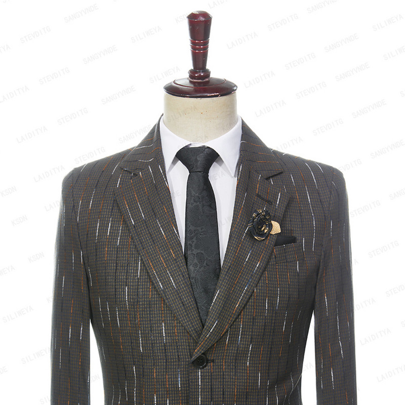 2023-as új férfi nyári üzleti formális vászon öltönyök kék sárga kockás színes csíkos karcsú, vőlegény esküvői 2 db szett kabát nadrág