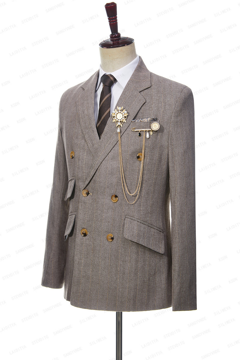 2023-as új nyári férfi khaki vászon öltönyök, függőleges csíkos, kétsoros, vékony szabású, alkalmi szmoking, esküvői 2 db-os szett (kabát+nadrág)