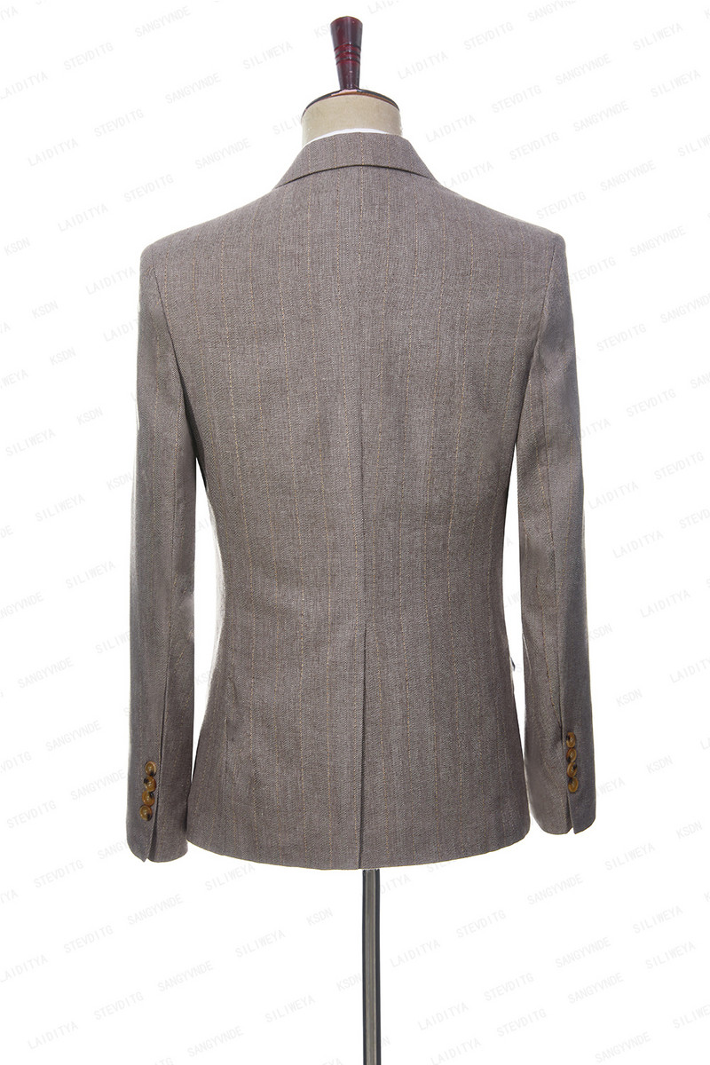 2023-as új nyári férfi khaki vászon öltönyök, függőleges csíkos, kétsoros, vékony szabású, alkalmi szmoking, esküvői 2 db-os szett (kabát+nadrág)