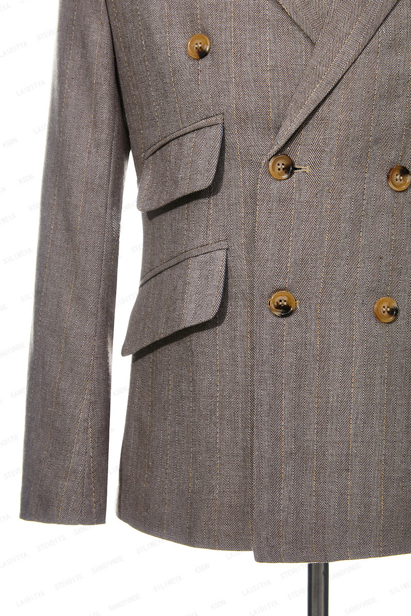 2023-as új nyári férfi khaki vászon öltönyök, függőleges csíkos, kétsoros, vékony szabású, alkalmi szmoking, esküvői 2 db-os szett (kabát+nadrág)