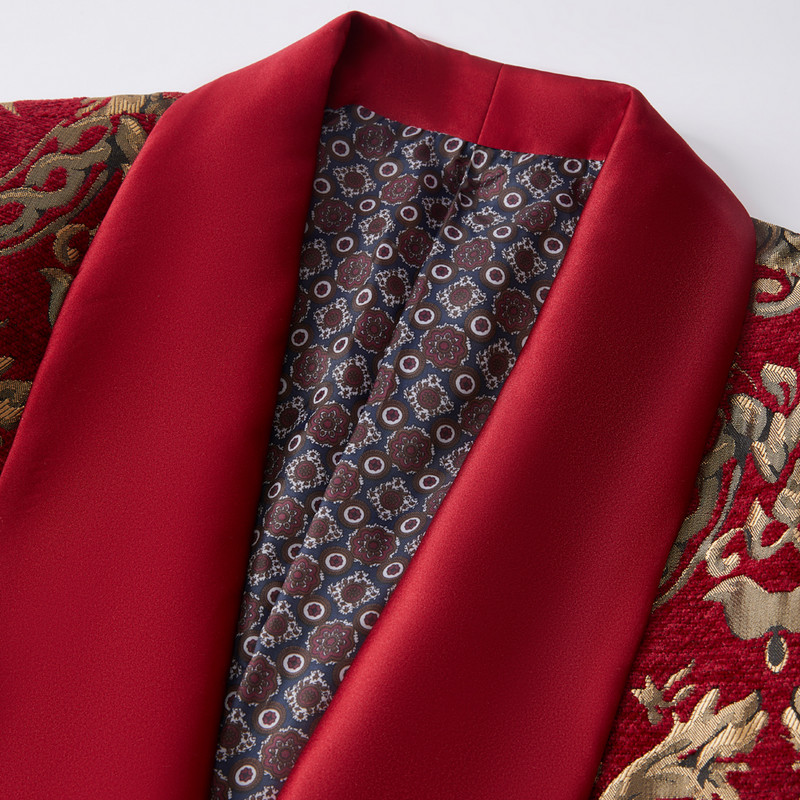 Férfi bordó, piros öltöny vőlegény esküvői szmoking üzleti báli ruha szmoking virágos blézer vékony szabású vőfély parti jelmez