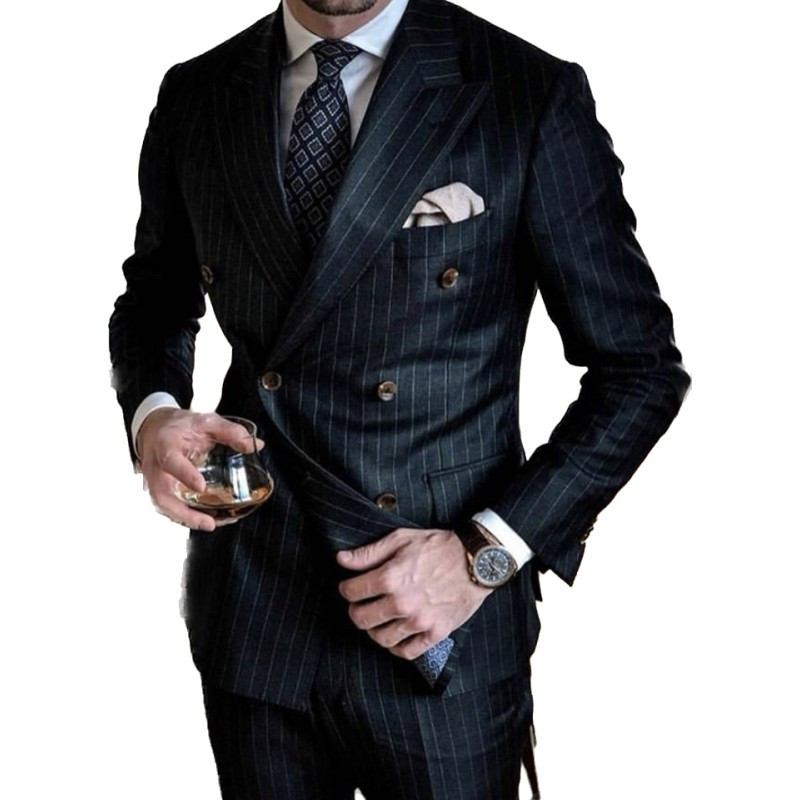 Fekete csíkos férfi öltöny, duplasoros blézer, legújabb kabát nadrág minták Slim Fit 2 részes szmoking Egyedi vőlegény báli öltönyök Ternos