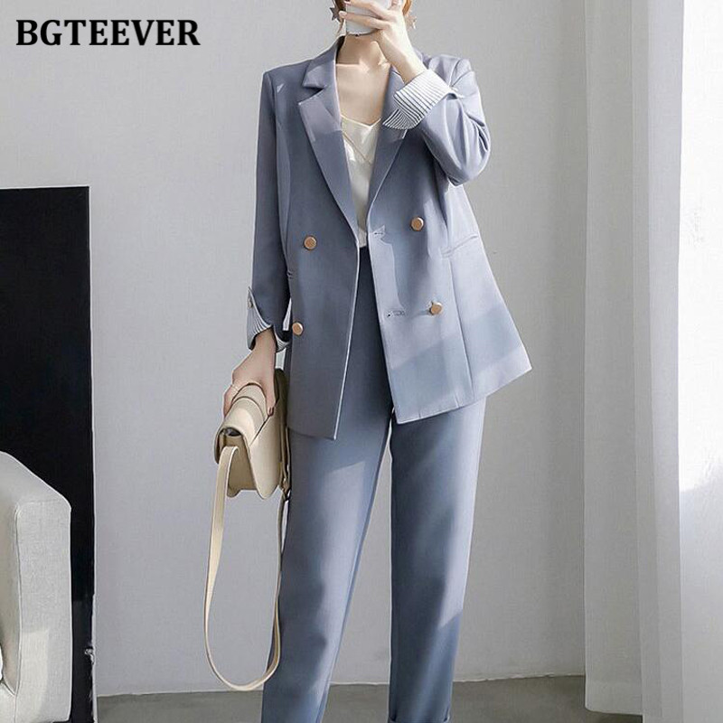BGTEEVER őszi blézer szett alkalmi, 2 részes női duplasoros blézer és elasztikus derékú nadrágok, 2020-as női nadrágkosztümök