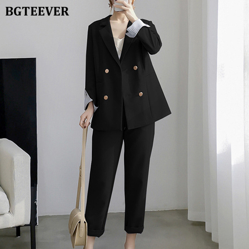 BGTEEVER őszi blézer szett alkalmi, 2 részes női duplasoros blézer és elasztikus derékú nadrágok, 2020-as női nadrágkosztümök