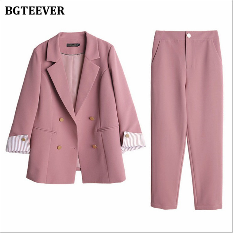 BGTEEVER őszi blézer szett alkalmi, 2 részes női duplasoros blézer és elasztikus derékú nadrágok, 2020-as női nadrágkosztümök