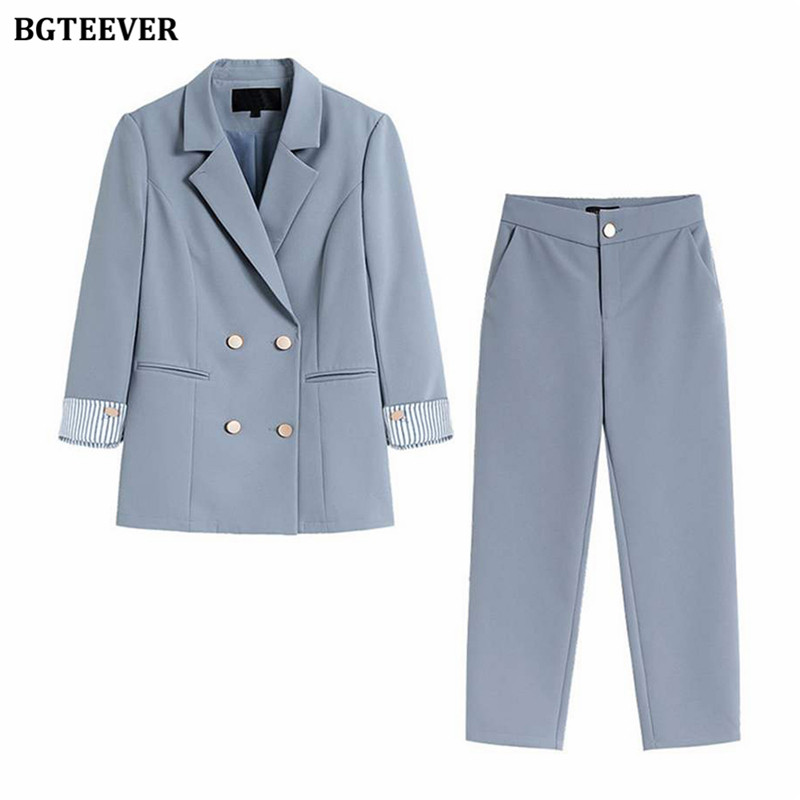 BGTEEVER őszi blézer szett alkalmi, 2 részes női duplasoros blézer és elasztikus derékú nadrágok, 2020-as női nadrágkosztümök