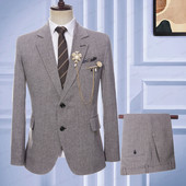 2023-as új férfi nyári üzleti formális vászon öltönyök barna és fehér halszálkás karcsú vőlegény esküvői ruha 2 db szett kabát nadrág