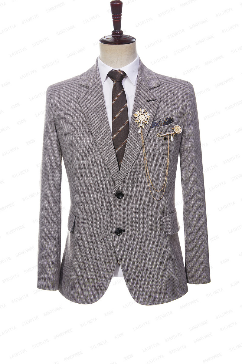 2023-as új férfi nyári üzleti formális vászon öltönyök barna és fehér halszálkás karcsú vőlegény esküvői ruha 2 db szett kabát nadrág