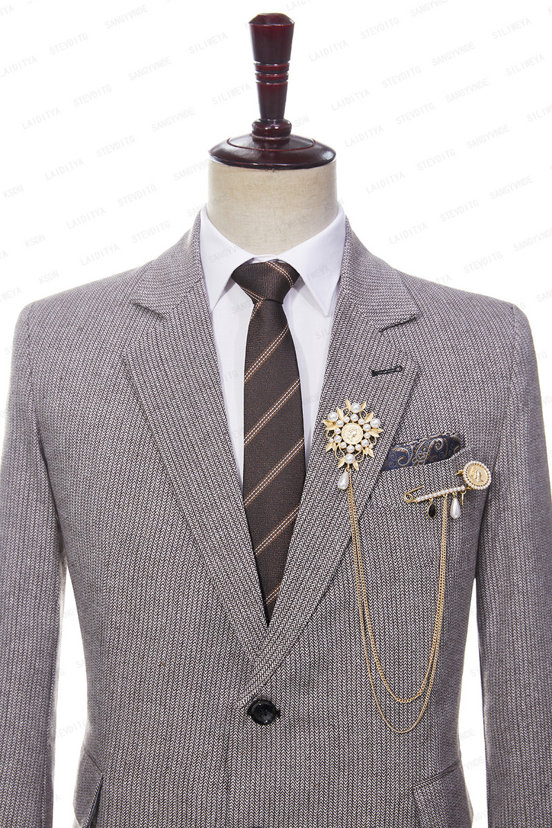 2023-as új férfi nyári üzleti formális vászon öltönyök barna és fehér halszálkás karcsú vőlegény esküvői ruha 2 db szett kabát nadrág