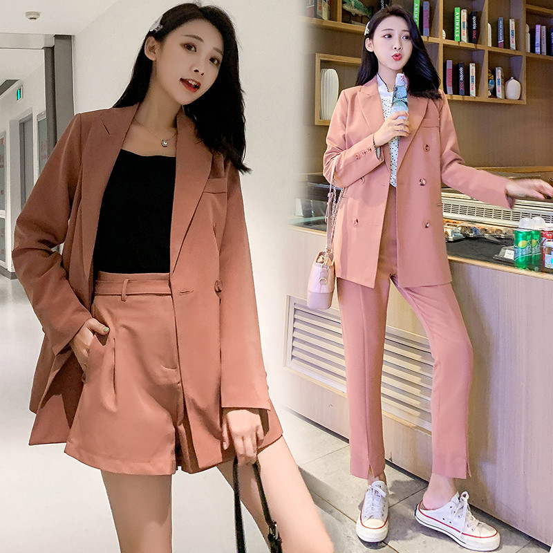 2022. tavaszi őszi női öltönyök, rózsaszín nadrágkosztümök, 2 részes szett blézer dzseki és nadrág Női alkalmi rövidnadrág szettek öltönyök elegáns nőnek