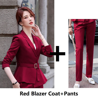 Elegáns piros formális formatervezési nadrágkosztümök nadrággal és dzsekik Kabát női munkavégzésre Blézer övvel