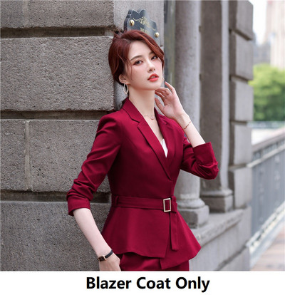 Elegáns piros formális formatervezési nadrágkosztümök nadrággal és dzsekik Kabát női munkavégzésre Blézer övvel