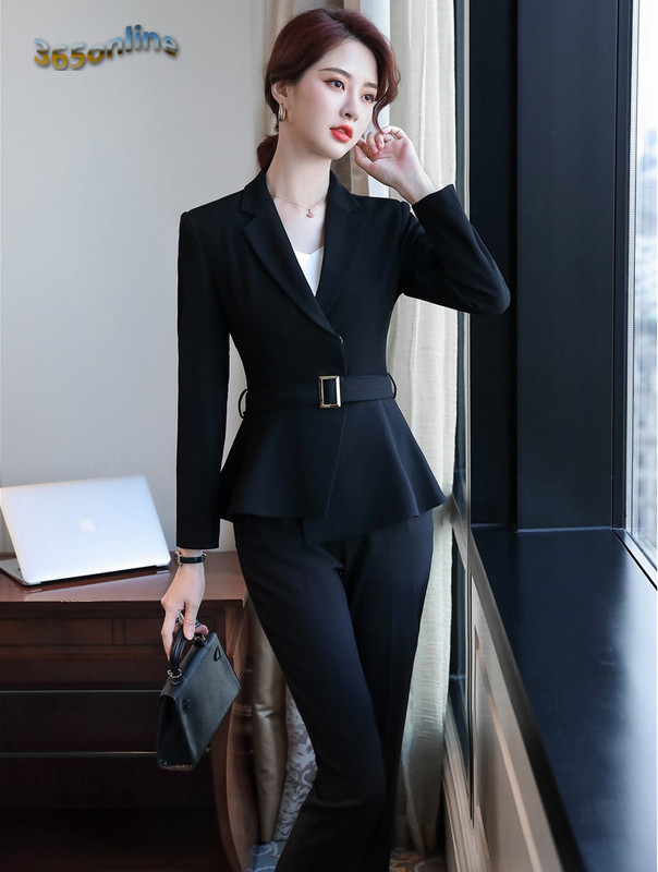 Elegáns piros formális formatervezési nadrágkosztümök nadrággal és dzsekik Kabát női munkavégzésre Blézer övvel