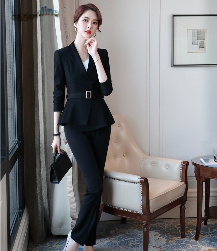 Elegáns piros formális formatervezési nadrágkosztümök nadrággal és dzsekik Kabát női munkavégzésre Blézer övvel